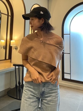 「by LEGNA（バイレグナ）のノースリーブ風  ケープデザインサマーニットトップス（ニット/セーター、ブラウン系）」を使った、by LEGNAさん（レディース・157cm）の春コーディネート