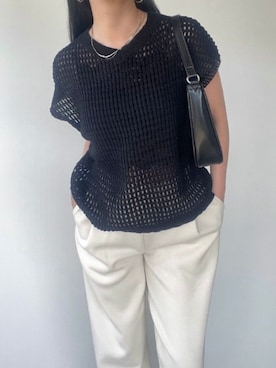「by LEGNA（バイレグナ）のメッシュニット春夏セットアップ（Set up、ブラック系）」を使った、by LEGNAさん（レディース・153cm）の夏コーディネート
