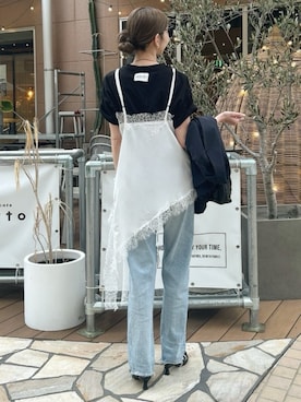 「by LEGNA（バイレグナ）の裾アシメ キャミワンピース（キャミソール、ホワイト系）」を使った、by LEGNAさん（レディース・157cm）の春コーディネート