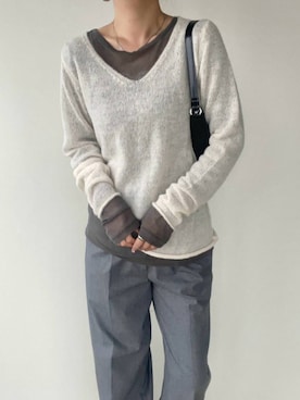 「by LEGNA（バイレグナ）のゆるふわ Vネックニットトップス（ニット/セーター、ベージュ系）」を使った、by LEGNAさん（レディース・157cm）の春コーディネート