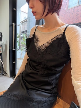 「by LEGNA（バイレグナ）の裾アシメ キャミワンピース（キャミソール、ブラック系）」を使った、by LEGNAさん（レディース・157cm）の春コーディネート