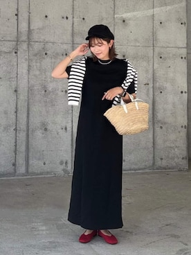 「by LEGNA（バイレグナ）の選べる2タイプ マキシワンピース  半袖 アメリカンスリーブ（ワンピース、ブラック系）」を使った、by LEGNAさん（レディース・157cm）の春コーディネート