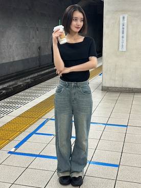 「by LEGNA（バイレグナ）のノースリーブ風  ケープデザインサマーニットトップス（ニット/セーター、ブラック系）」を使った、by LEGNAさん（レディース・157cm）の春コーディネート