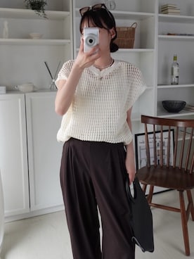 「by LEGNA（バイレグナ）のメッシュニット春夏セットアップ（Set up、ベージュ系）」を使った、by LEGNAさん（レディース・153cm）の夏コーディネート