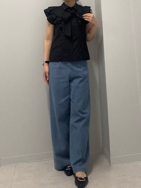 「31 Sons de mode（トランテアン　ソン　ドゥ　モード）の2026春夏新作 レースアップデニムワイドパンツ（デニムパンツ、ブルー系）」を使った、広島ミナモア店さん（レディース・154cm）の春コーディネート