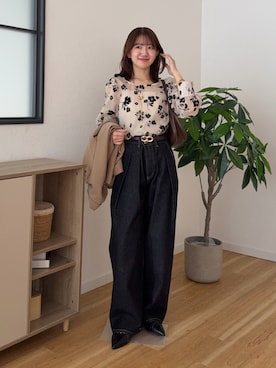 「Thevon（ゼボン）の花柄オーガンジーブラウス（シャツ/ブラウス、ホワイト系）」を使った、yunaさん（レディース・152cm）の春コーディネート