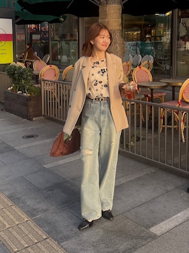 「Thevon（ゼボン）の裏配色テーラードジャケット（テーラードジャケット、ベージュ系）」を使った、yunaさん（レディース・152cm）の春コーディネート