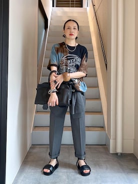 「ADAM ET ROPE'（アダムエロペ）の【PFT】P Tote Bag（トートバッグ、ブラック系）」を使った、カワバタさん（レディース・166cm）の夏コーディネート