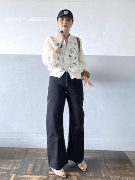 「ADAM ET ROPE'（アダムエロペ）のラインアートレースブルゾン（ブルゾン、ホワイト系）」を使った、カワバタさん（レディース・166cm）の春コーディネート