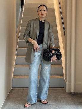 「ADAM ET ROPE'（アダムエロペ）の【AURALEE(オーラリー)】BLUEFACED WOOL JACKET（テーラードジャケット、グレー系）」を使った、カワバタさん（レディース・166cm）の夏コーディネート
