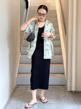 「ADAM ET ROPE'（アダムエロペ）の【AURALEE(オーラリー)】HIGH GAUGE TUCK RIB KNIT DRESS（ワンピース、ブラック系）」を使った、カワバタさん（レディース・166cm）の夏コーディネート