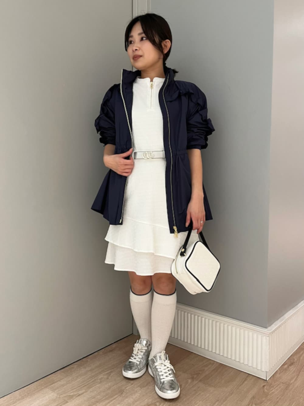 「レース、ワンピース、低身長コーデ、ゴルフ、低身長コーディネート」｜「CELFORDの【CELFORDGOLF】フリルブルゾン（ブルゾン、ブルー系）」を使った、CELFORDさん（レディース・152cm）の春コーディネートの1枚目の写真