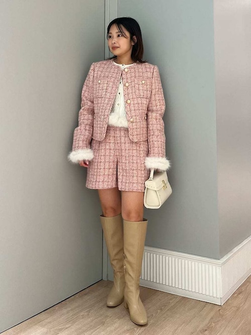 パイピングデザインツイードジャケット（ノーカラージャケット