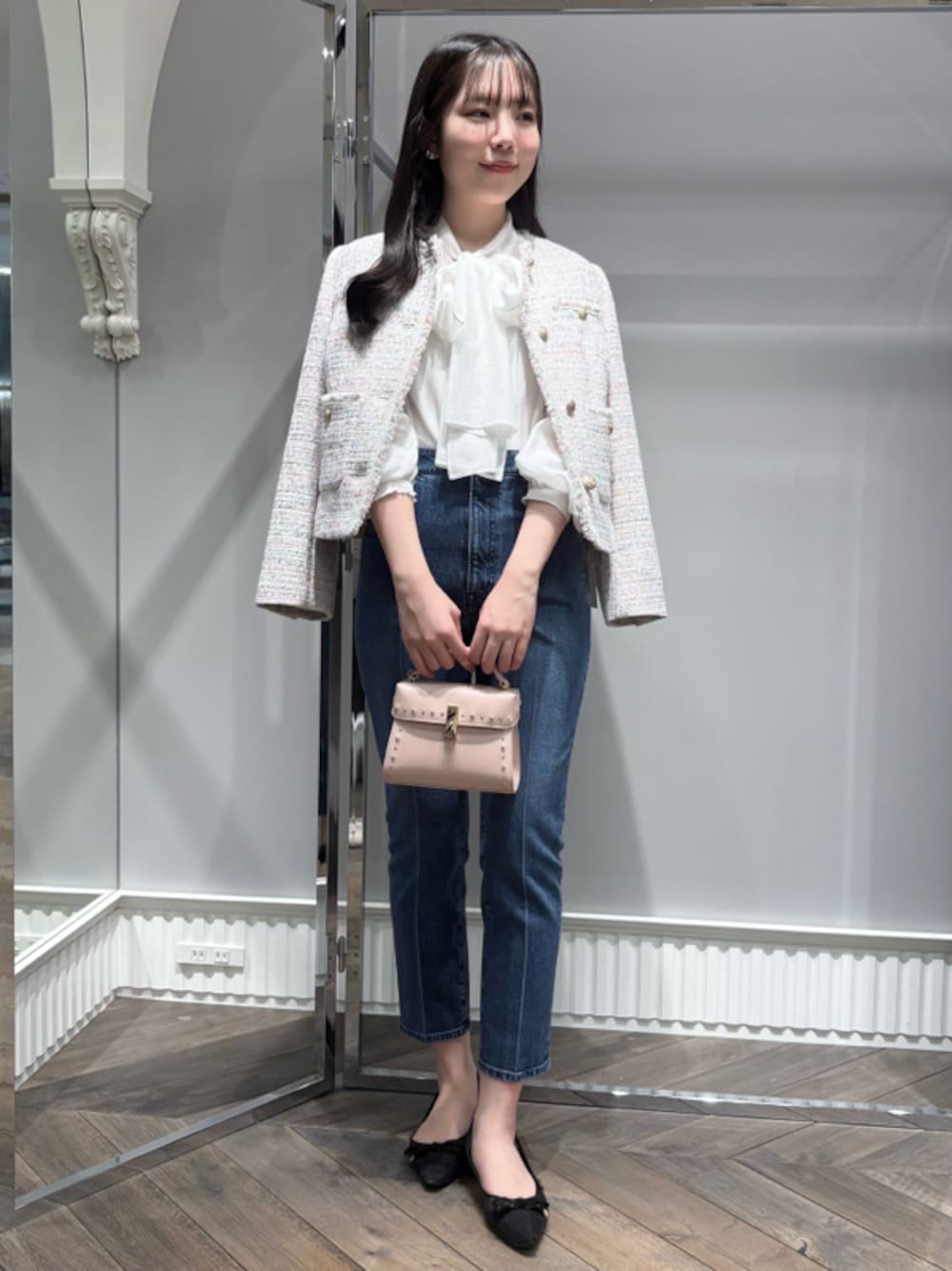 「骨格ストレート、ディリーコーディネート、ジャケット、パンツ、高身長コーデ、春コーディネート」｜「CELFORDのツイードジャケット（ノーカラージャケット、その他）」を使った、CELFORDさん（レディース・165cm）の冬コーディネートの1枚目の写真