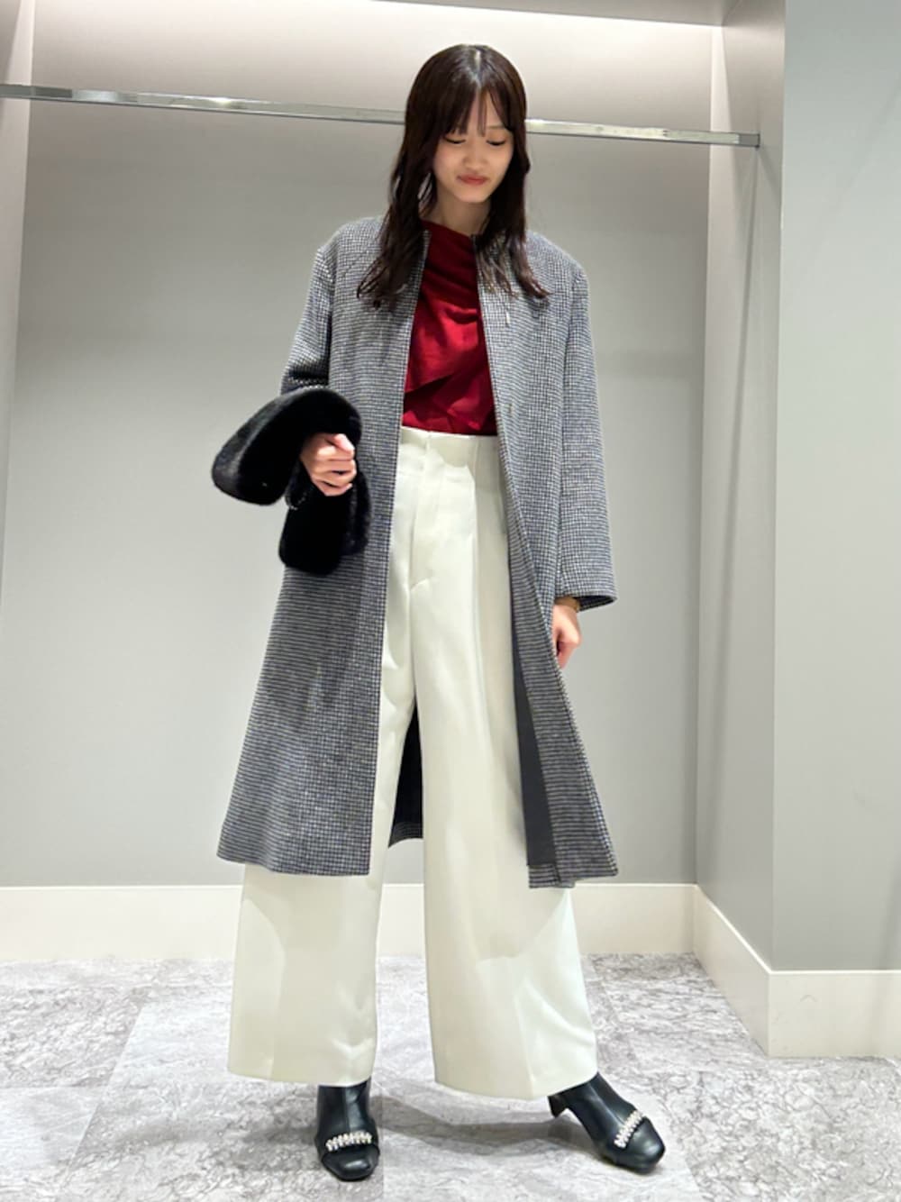 「骨格ウェーブ、ディリーコーディネート、真冬コーデ、高身長コーデ、冬コーデ」｜「CELFORDのカシミア混ノーカラーコート（ノーカラーコート、その他）」を使った、CELFORDさん（レディース・169cm）の冬コーディネートの1枚目の写真