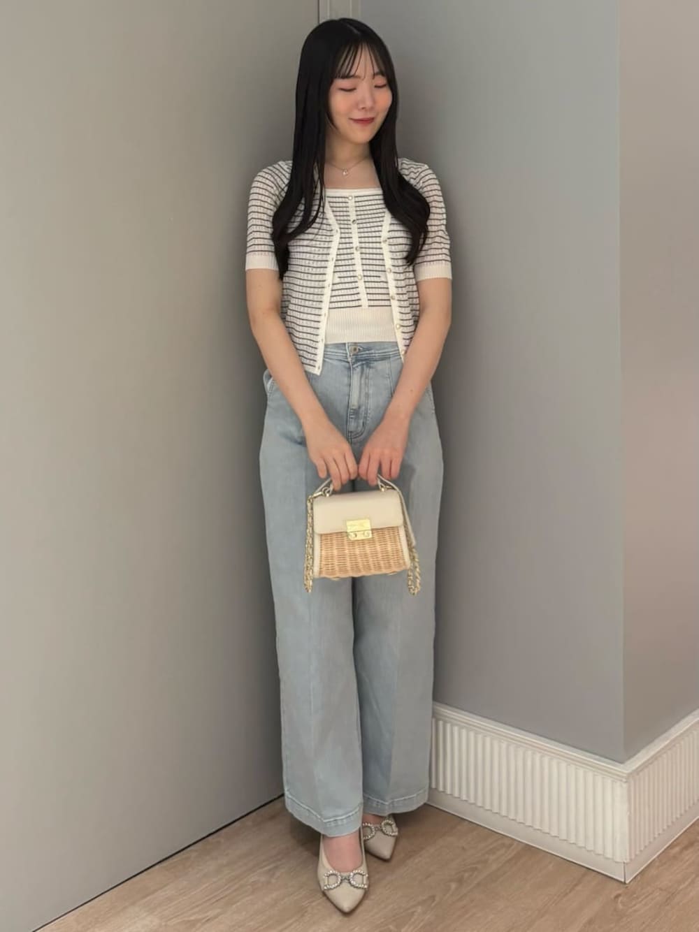「骨格ウェーブ、ディリーコーディネート、パンツ、トップス、高身長コーデ、夏コーデ、カジュアル」｜「CELFORDのケーブルアンサンブルニット（ニット/セーター、その他）」を使った、CELFORDさん（レディース・165cm）の夏コーディネートの1枚目の写真