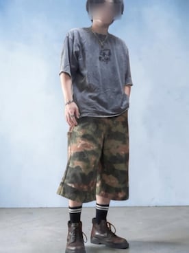 「WESTSEA（ウエストシー）のグランジ加工 × 刺繍 ヴィンテージライク 半袖Ｔシャツ（Tシャツ/カットソー、ブラック系）」を使った、Konさん（メンズ・165cm）の夏コーディネート
