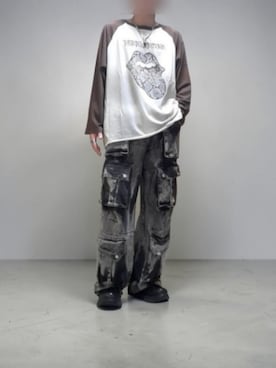 「GRANCY（グランシー）の【GRANCY×The Rolling Stones】Lips and Tongue Raglan T-Shirt / リップ＆タン ラグランTシャツ（Tシャツ/カットソー、ホワイト系）」を使った、Konさん（メンズ・165cm）の秋コーディネート
