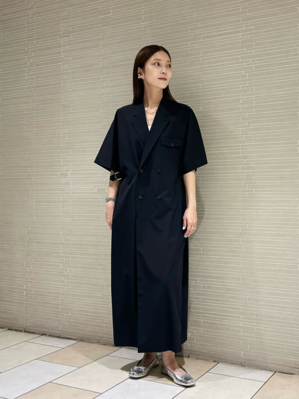 「骨格ウェーブ、イエベ春、LOEFF」｜「LOEFFの＜LOEFF＞ダブルブレスト ワンピース（ワンピース、ブルー系）」を使った、仲（naka）さん（レディース・163cm）の夏コーディネートの1枚目の写真