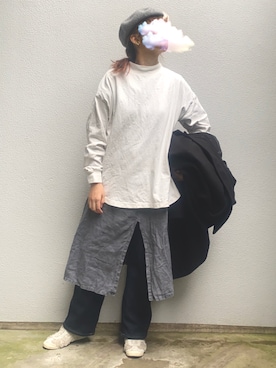 「ワンピース×スニーカー」｜「アイテム（ハンチング/ベレー帽）」を使った、ヤスカタフクさん（レディース・166cm）の冬コーディネート