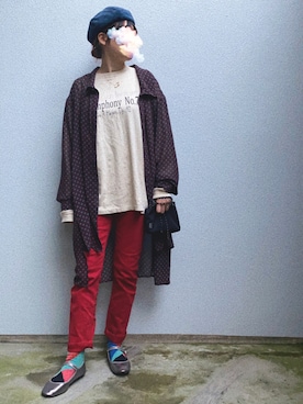 「KAPITAL」｜「アイテム（ハンチング/ベレー帽）」を使った、ヤスカタフクさん（レディース・166cm）の秋コーディネート