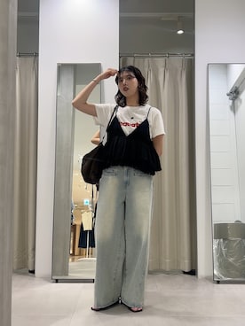 「KBF（ケイビーエフ）のレースレイヤードボリュームビスチェ（その他トップス、ブラック系）」を使った、ゆちさん（レディース・170cm）の春コーディネート