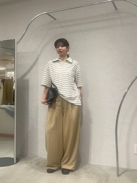 「KBF（ケイビーエフ）のパイルボーダーラガーTEE（Tシャツ/カットソー、ホワイト系）」を使った、ゆちさん（レディース・170cm）の夏コーディネート