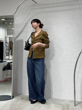 「KBF（ケイビーエフ）のピーチスキンパフスリーブブラウス（シャツ/ブラウス、ベージュ系）」を使った、ゆちさん（レディース・170cm）の夏コーディネート