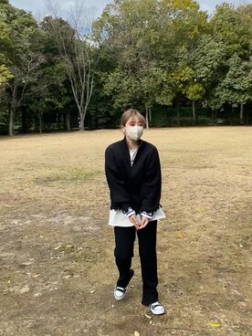 「Auntie Rosa Holiday（アンティローザホリデー）のリブフレアニットパンツ（その他パンツ、ブラック系）」を使った、yumiko_nさん（レディース・157cm）の冬コーディネート