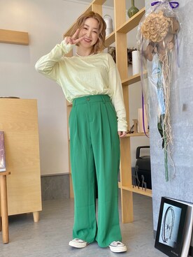 「DouDou（ドゥドゥ）のSS ラウンドヘムチュニックT（Tシャツ/カットソー、グリーン系）」を使った、yumiko_nさん（レディース・157cm）の秋コーディネート