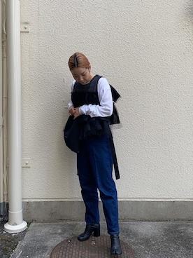 「Chaco closet（チャコ クローゼット）の【4サイズ/6色展開】ハイウエストセンタープレステーパードデニムパンツ（デニムパンツ、ブルー系）」を使った、yumiko_nさん（レディース・157cm）の夏コーディネート