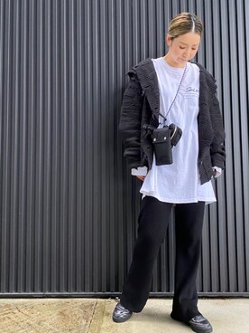 「Auntie Rosa Holiday（アンティローザホリデー）のリブフレアニットパンツ（その他パンツ、ブラック系）」を使った、yumiko_nさん（レディース・157cm）の秋コーディネート