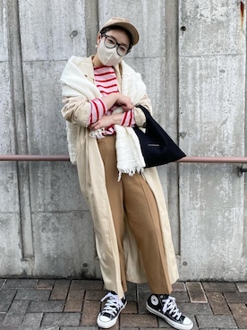 「BONLECILL（ボンルシール）のボーダー/パネルボーダー ボートネック プルオーバーロンT（Tシャツ/カットソー、ピンク系）」を使った、yumiko_nさん（レディース・157cm）の冬コーディネート