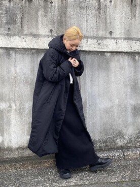 「Auntie Rosa Holiday（アンティローザホリデー）の2WAY中綿オーバーフーディコート【撥水加工/ウォッシャブル】（その他アウター、ブラック系）」を使った、yumiko_nさん（レディース・157cm）の秋コーディネート