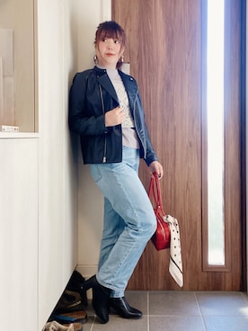 「アイテム（ライダースジャケット）」を使った、ANNAさん（レディース・166cm）の秋コーディネート