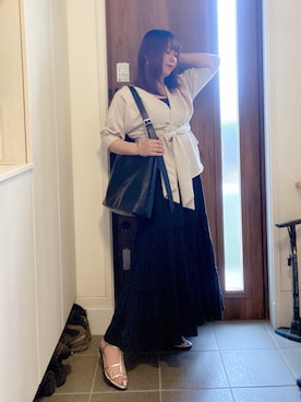 「JEANASIS（ジーナシス）のリボン7分袖ブラウス（シャツ/ブラウス、ベージュ系）」を使った、ANNAさん（レディース・166cm）の夏コーディネート