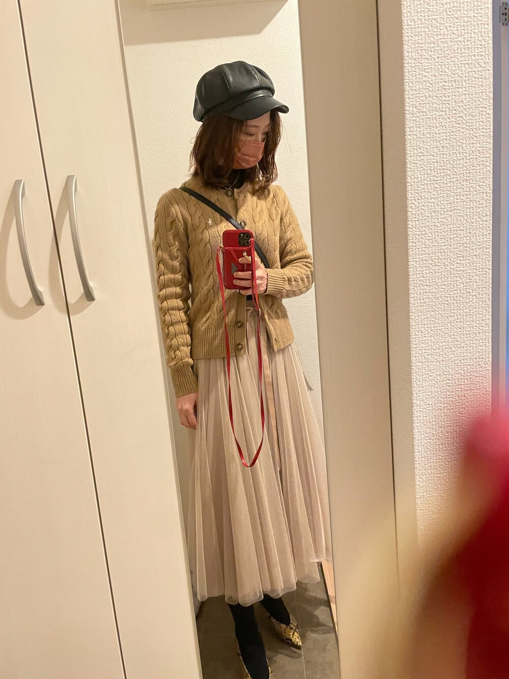 「オトナカジュアル、大人女子、スカート、ガーリー、ニット/セーター、シフォンスカート」｜「Dignite collierの【Dignite collier/ディニテコリエ】ドローストリンググログランリボンチュールスカート（スカート、ベージュ系）」を使った、NanaFiddler さん（レディース・165cm）の冬コーディネートの1枚目の写真