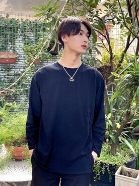 「HARE（ハレ）のアイテム（Tシャツ/カットソー、ブラック系）」を使った、りーくん | 韓国メンズさん（183cm）の秋コーディネート