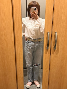 「LACOSTE（ラコステ）のシルバーサークルバックルベルト（ベルト）」を使った、みゆさん（レディース・153cm）の春コーディネート