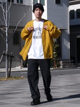 「イエローコーデ」｜「アイテム（その他）」を使った、かみけん。さん（メンズ・168cm）の冬コーディネート