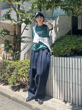 「BONBON storeのアイテム（Tシャツ/カットソー、グリーン系）」を使った、りくおさん（メンズ・165cm）の夏コーディネート
