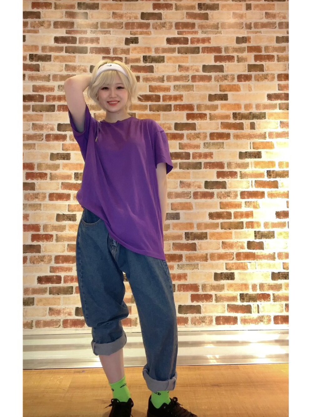 「古着、古着MIX、古着コーデ、古着好きな人と繋がりたい、古着女子、お洒落さんとつながりたい、スニーカーコーデ、低身長女子、Tシャツ、メンズライク」｜「POLO RALPH LAURENのアイテム（Tシャツ/カットソー、パープル系）」を使った、yu❤︎ さん（レディース・157cm）の夏コーディネートの1枚目の写真