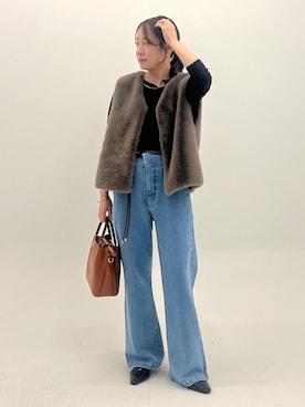 「ROPE' PICNIC（ロペピクニック）のエコファージレ/ベスト（ベスト、ブラウン系）」を使った、ななこさん（レディース・151cm）の夏コーディネート