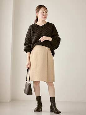 「アイテム（スカート、ベージュ系）」を使った、ななこさん（レディース・151cm）の冬コーディネート