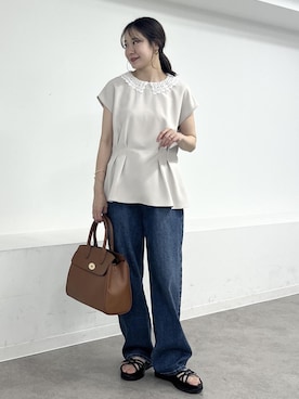 「ROPE' PICNIC（ロペピクニック）のフラップデザイン2WAYハンドルミドルバッグ（トートバッグ、イエロー系）」を使った、ななこさん（レディース・151cm）の春コーディネート
