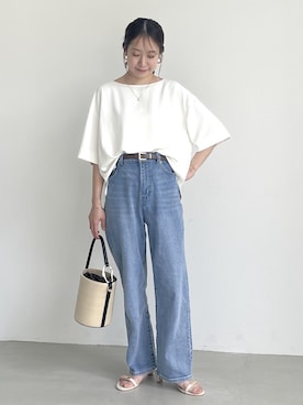 「ROPE' PICNIC（ロペピクニック）のウエストシェイプハイライズマムジーンズ（デニムパンツ、ブルー系）」を使った、ななこさん（レディース・151cm）の春コーディネート