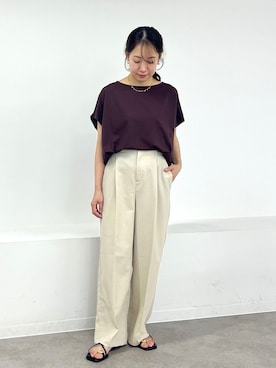 「ROPE' PICNIC（ロペピクニック）のカナパ ベルト付きワイドパンツ/セットアップ対応・UV・抗菌防臭・接触冷感（その他パンツ、ベージュ系）」を使った、ななこさん（レディース・151cm）の夏コーディネート