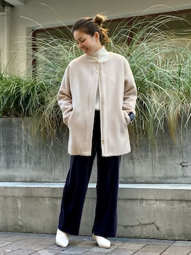 「白ニット」｜「アイテム（ノーカラーコート）」を使った、✳︎ｆｕｋｕ✳︎さん（レディース・158cm）の秋コーディネート