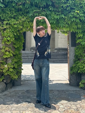 「Theater code（シアターコード）のstuds denim pant / スタッズ デニムパンツ ワイドストレート（デニムパンツ）」を使った、翔太郎さん（メンズ・175cm・10代）の夏コーディネート