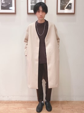 「ケーブルニット」｜「アイテム（ノーカラーコート）」を使った、いましさん（メンズ・169cm）の秋コーディネート